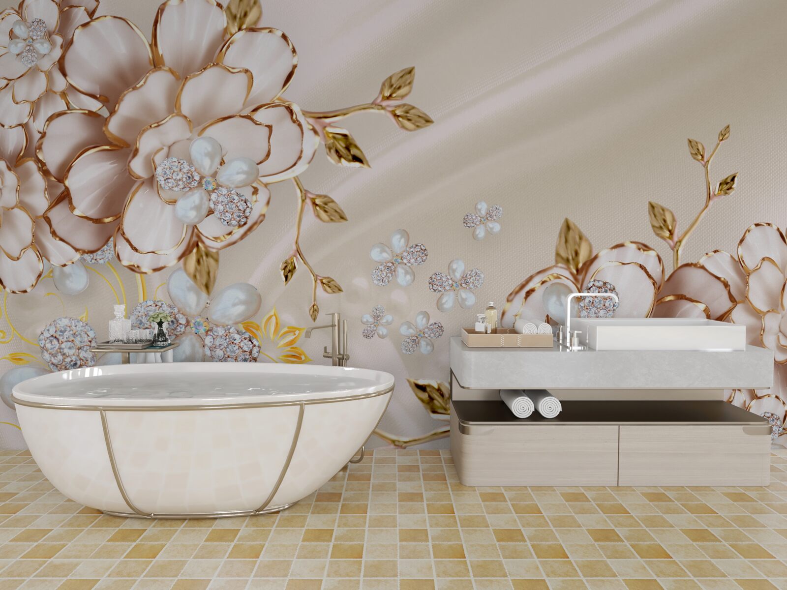 Фотошпалери квіти з золотою діамантовою парчею