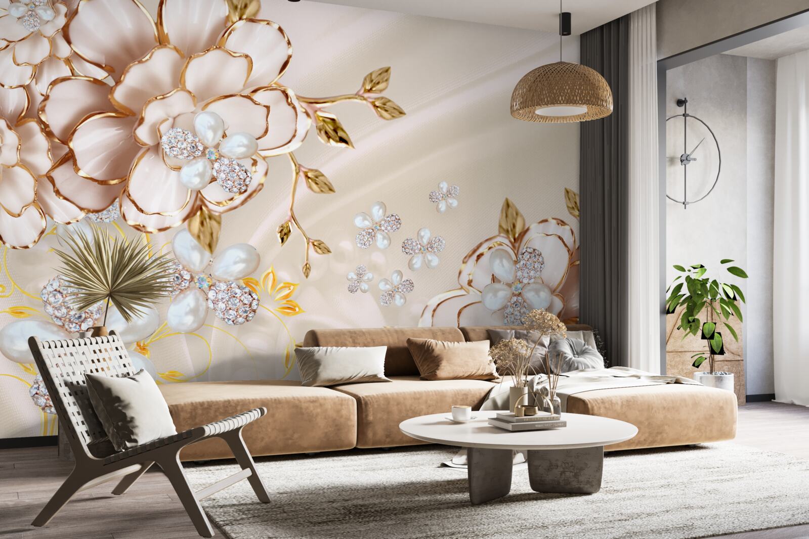 Фотошпалери квіти з золотою діамантовою парчею