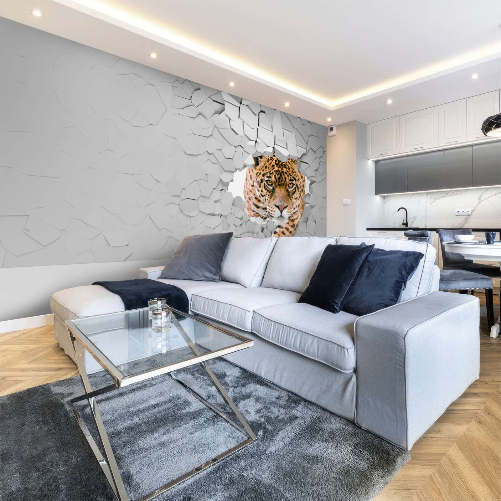 Фотошпалери леопард проривається крізь кам'яний бар'єр