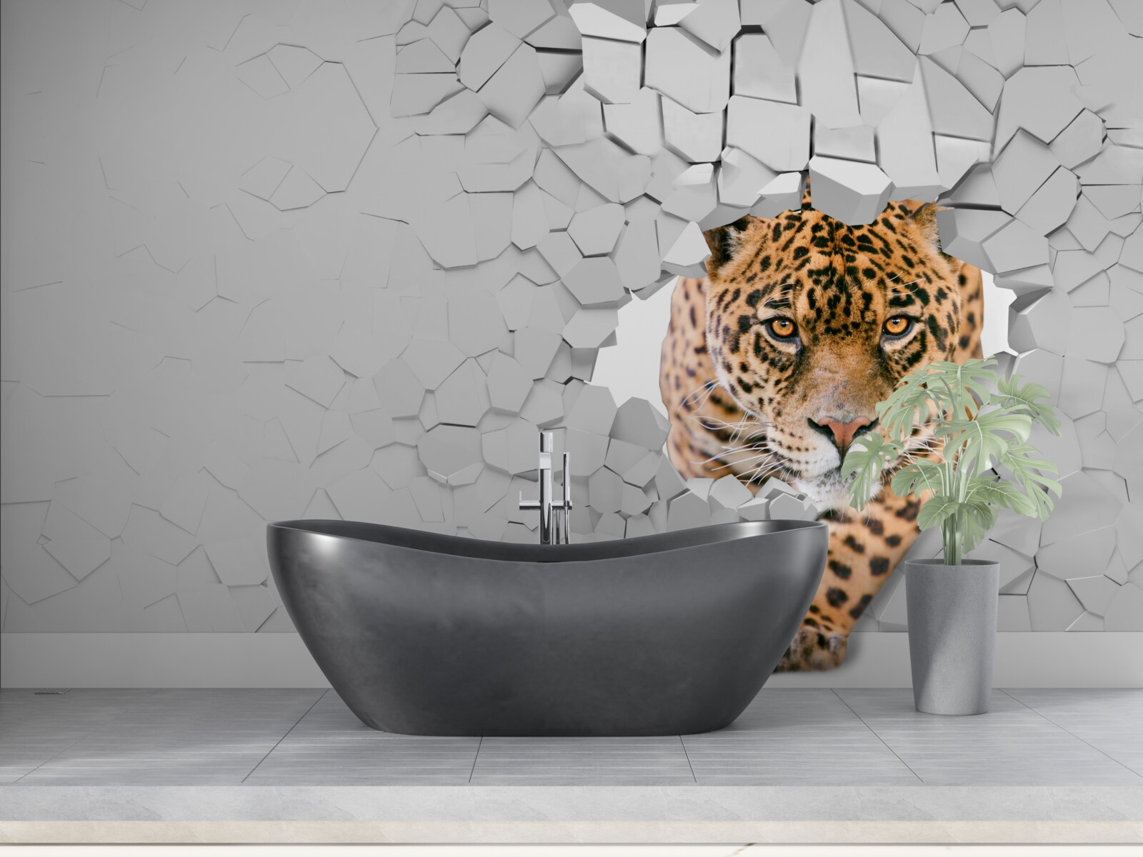 Фотошпалери леопард проривається крізь кам'яний бар'єр