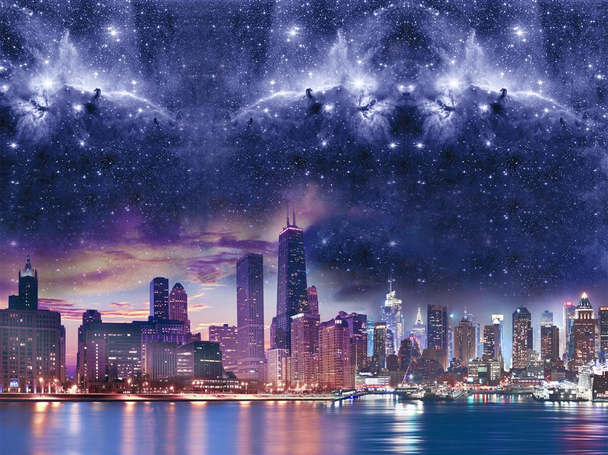 Фотошпалери магічне астральне полотно над мегаполісом