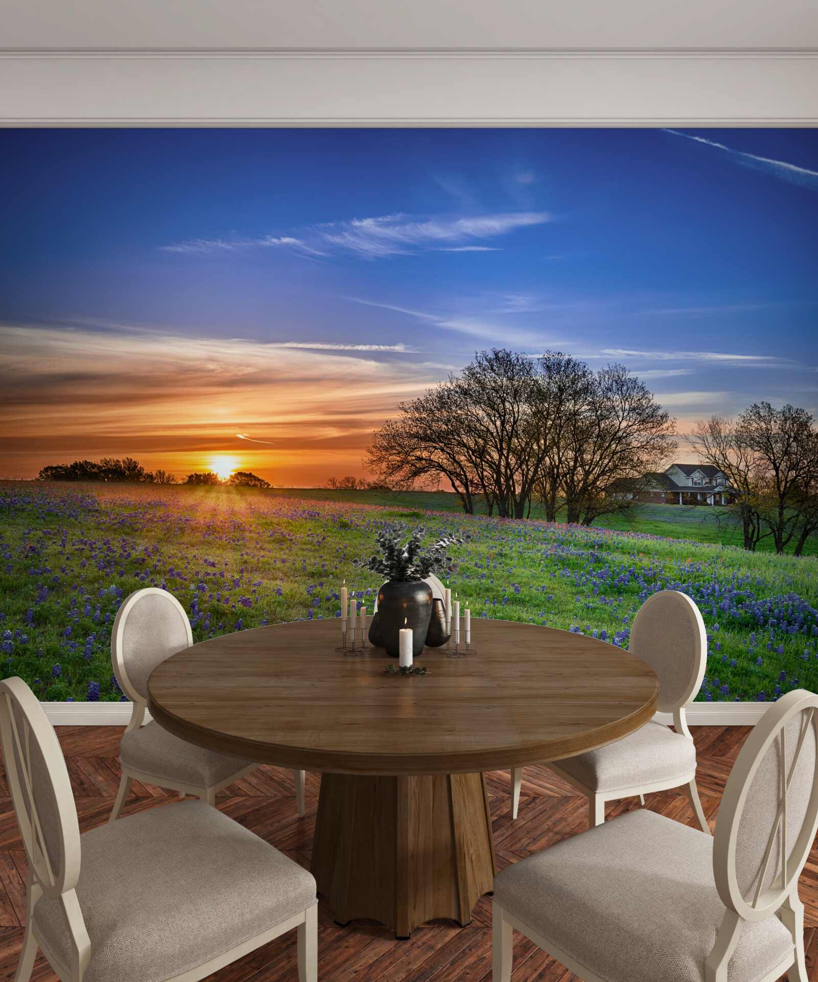 Фотошпалери сонце сідає над полем, засіяним квітами