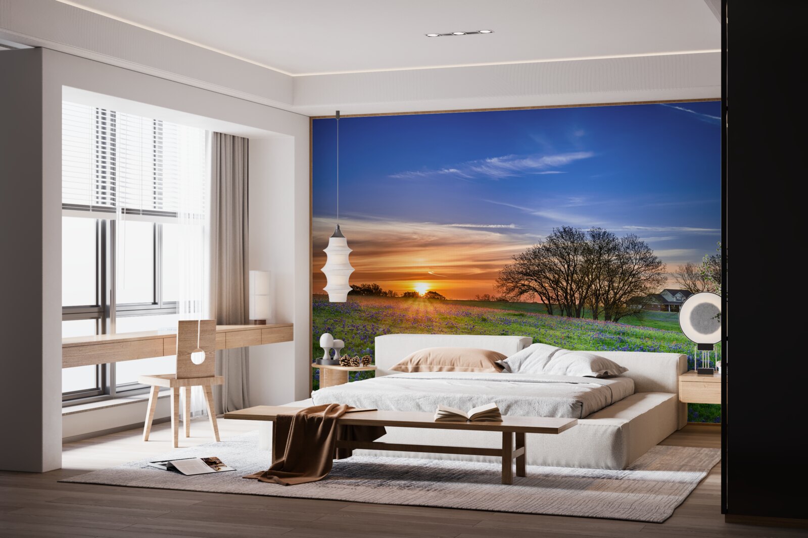 Фотошпалери сонце сідає над полем, засіяним квітами