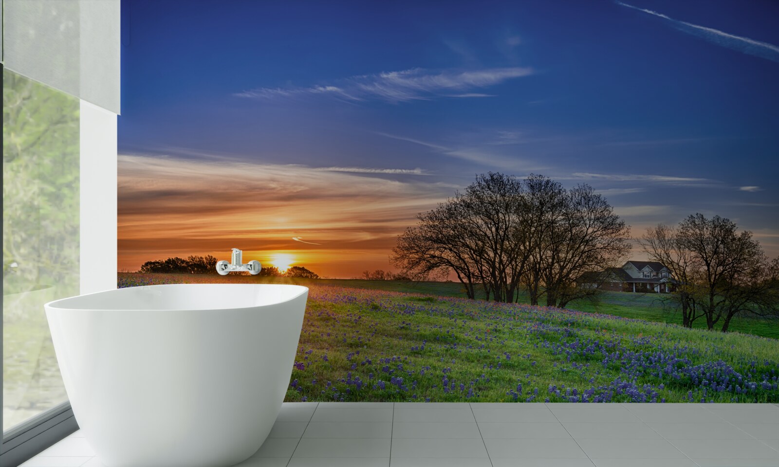 Фотошпалери сонце сідає над полем, засіяним квітами