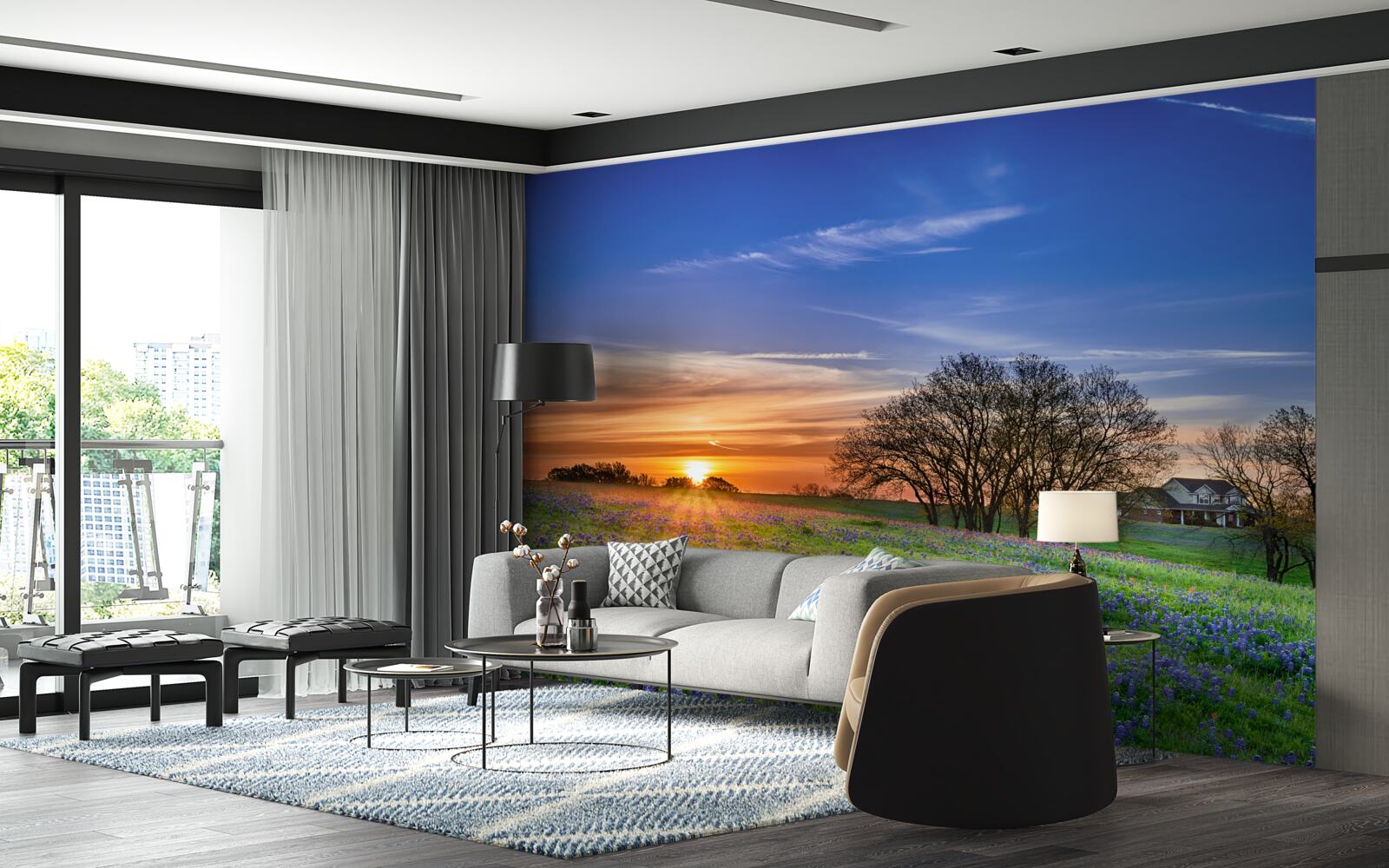 Фотошпалери сонце сідає над полем, засіяним квітами