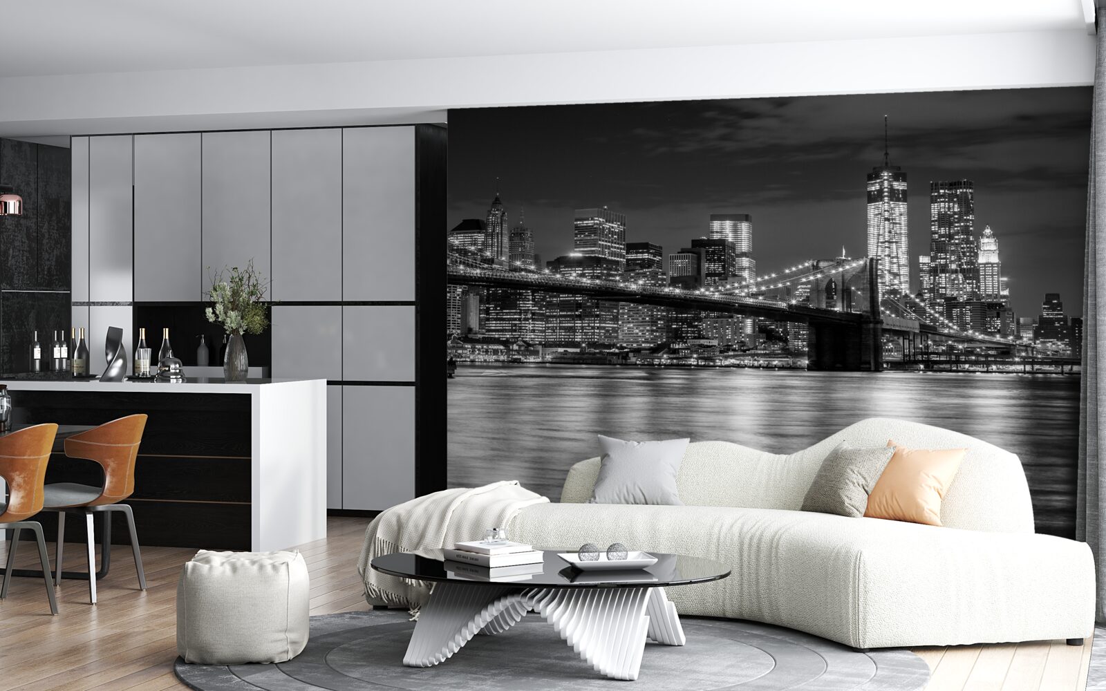 Фотошпалери чорно-біла панорама Бруклінського мосту