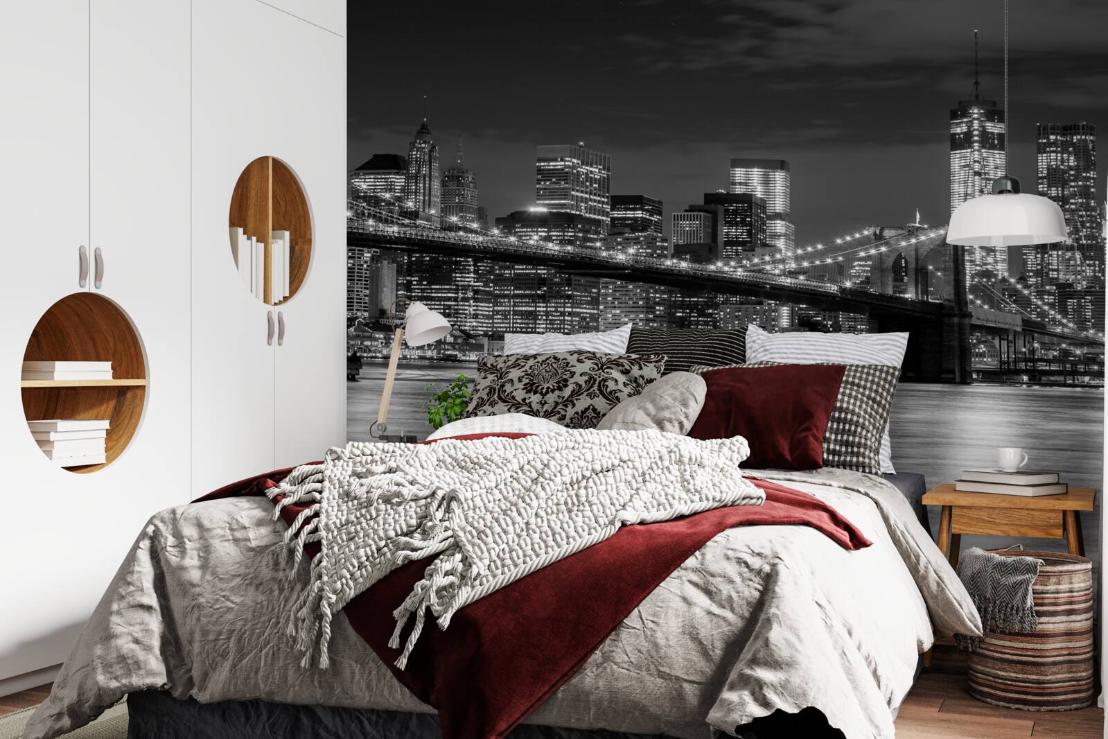 Фотошпалери чорно-біла панорама Бруклінського мосту