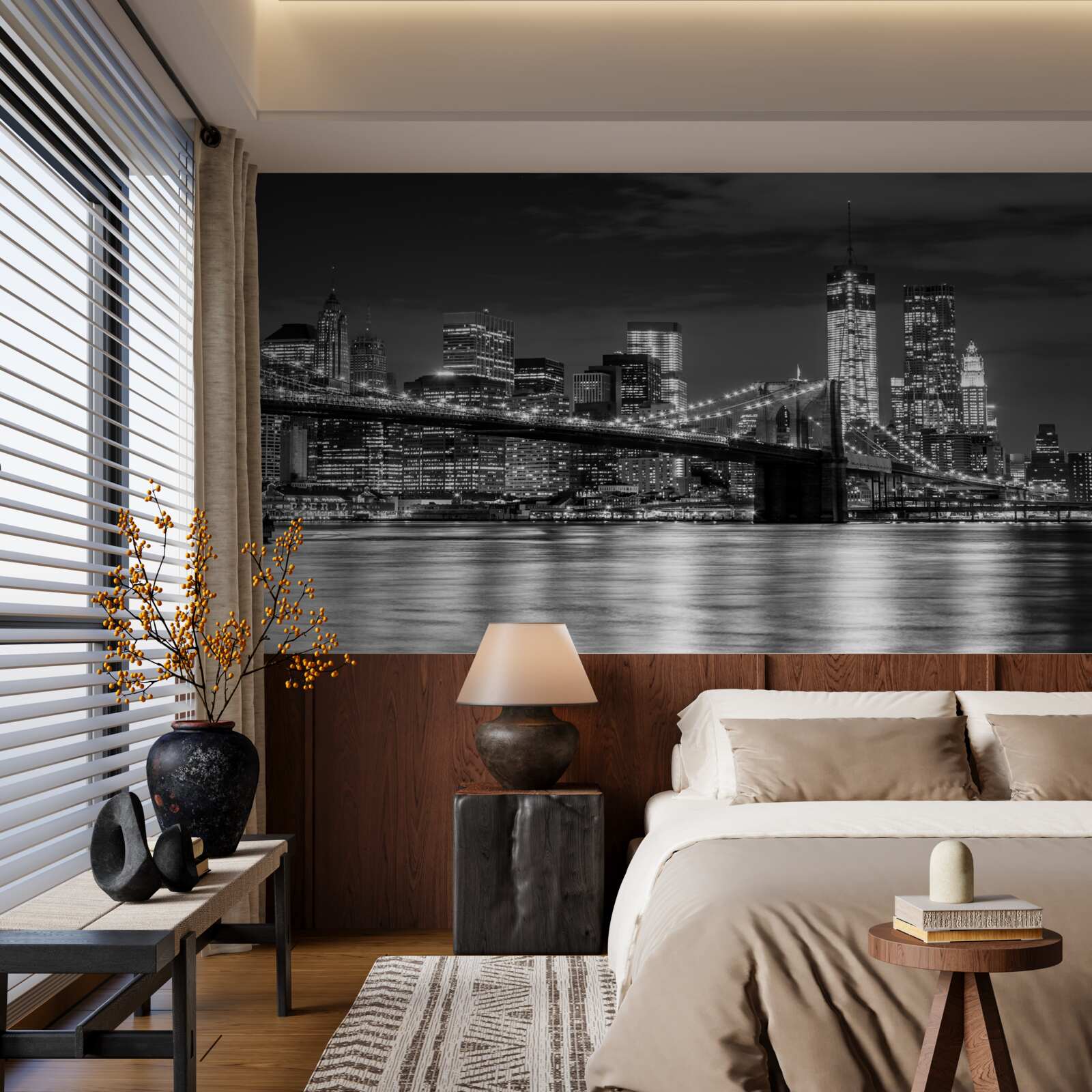 Фотошпалери чорно-біла панорама Бруклінського мосту