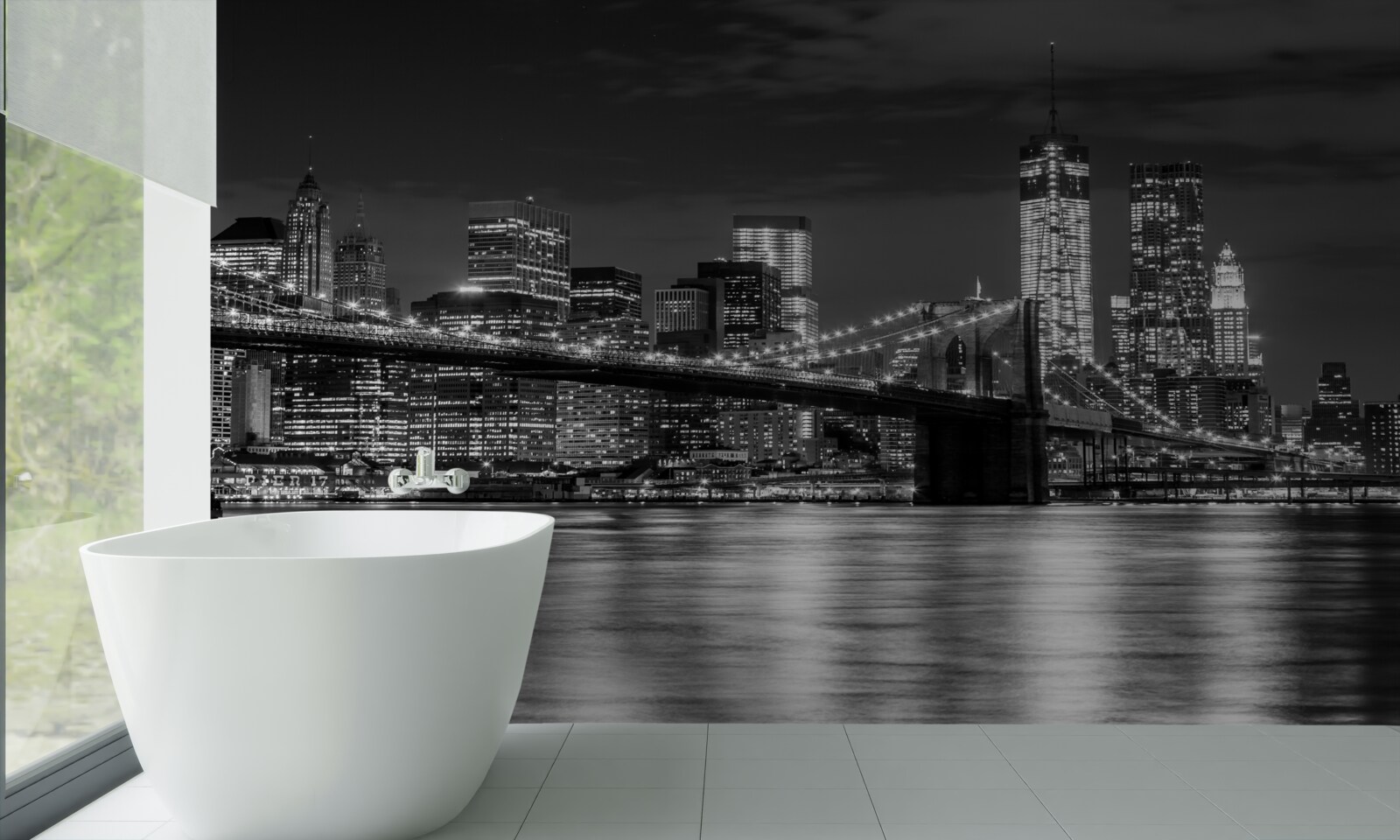Фотошпалери чорно-біла панорама Бруклінського мосту