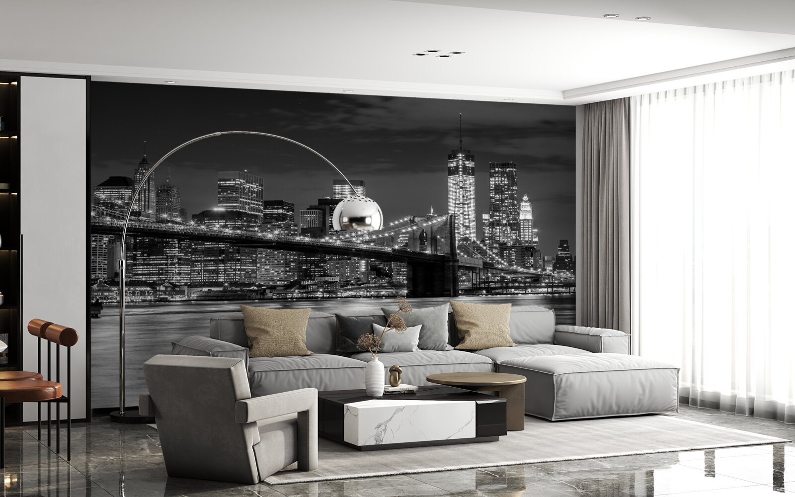Фотошпалери чорно-біла панорама Бруклінського мосту