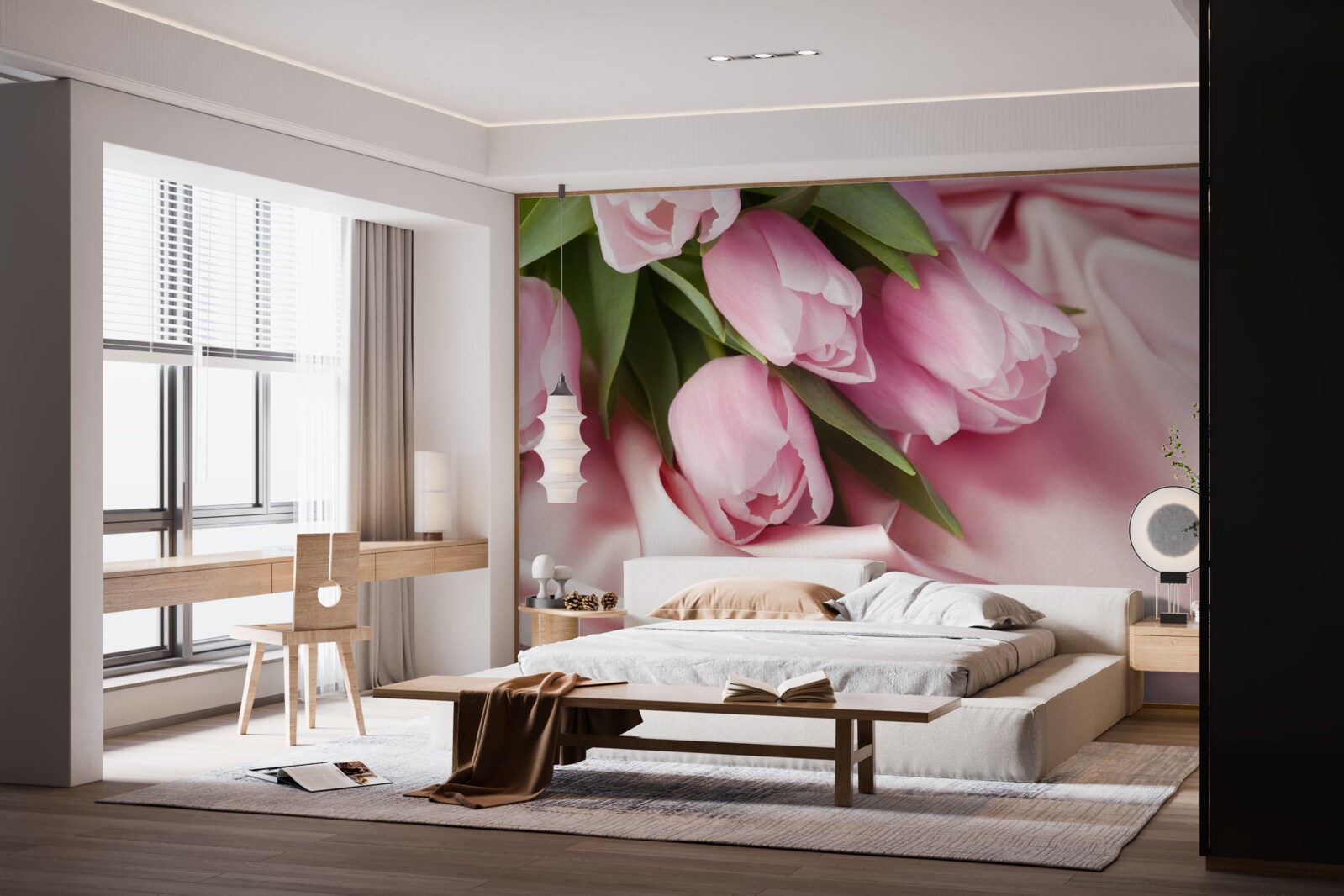 Фотошпалери рожеві тюльпани на шовковому тлі