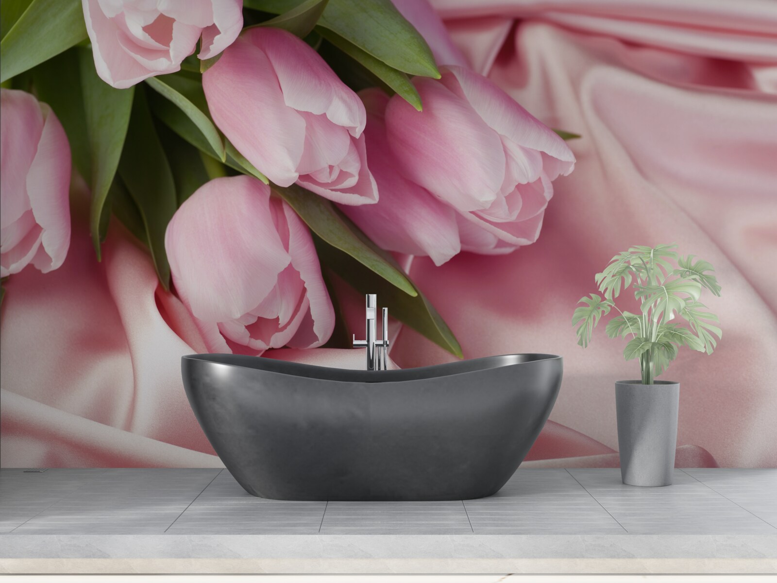 Фотошпалери рожеві тюльпани на шовковому тлі