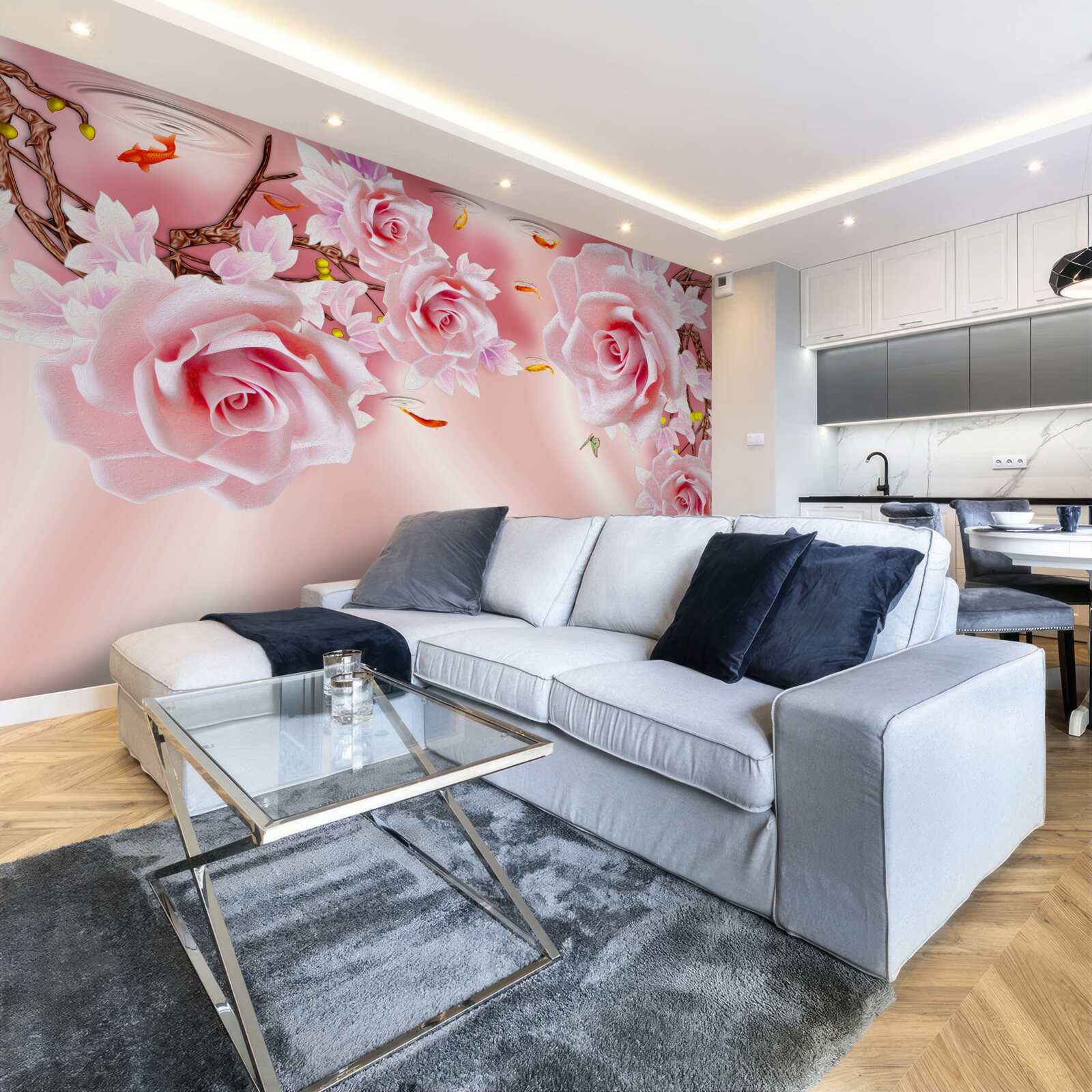 Фотошпалери на гілках розпускаються бутони ніжних троянд