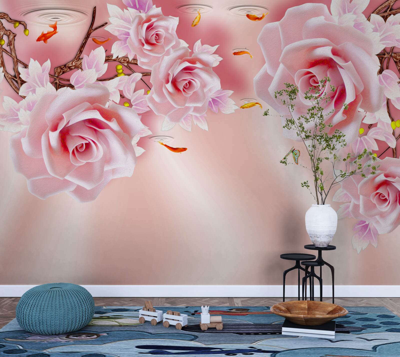 Фотошпалери на гілках розпускаються бутони ніжних троянд