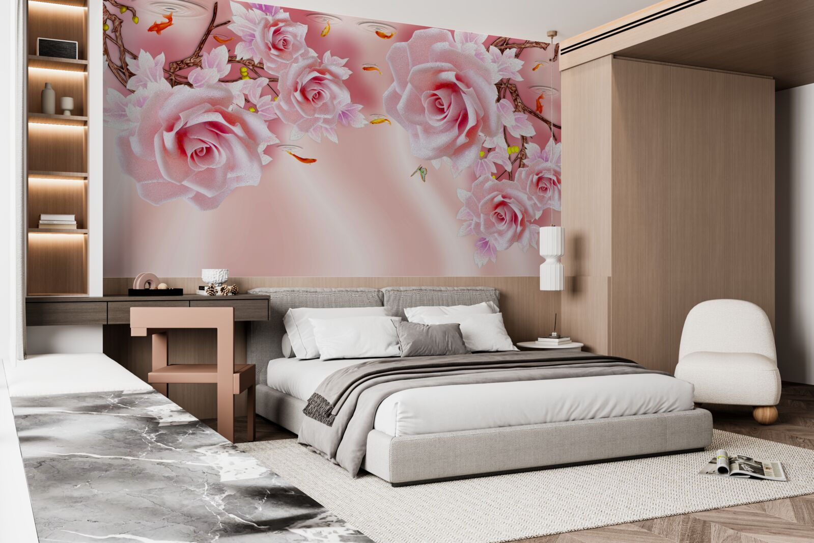 Фотошпалери на гілках розпускаються бутони ніжних троянд