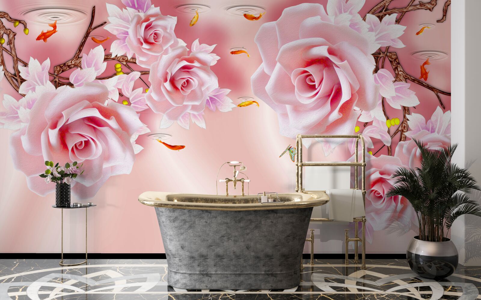 Фотошпалери на гілках розпускаються бутони ніжних троянд