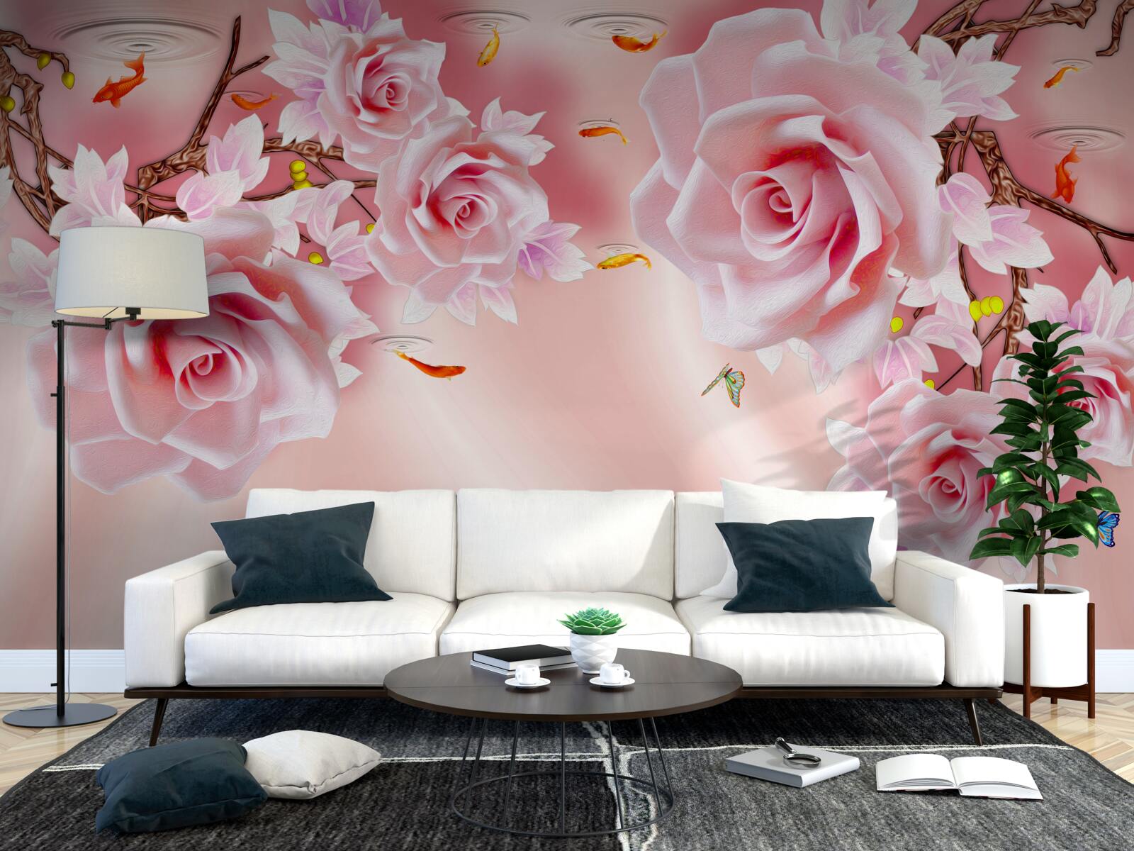 Фотошпалери на гілках розпускаються бутони ніжних троянд