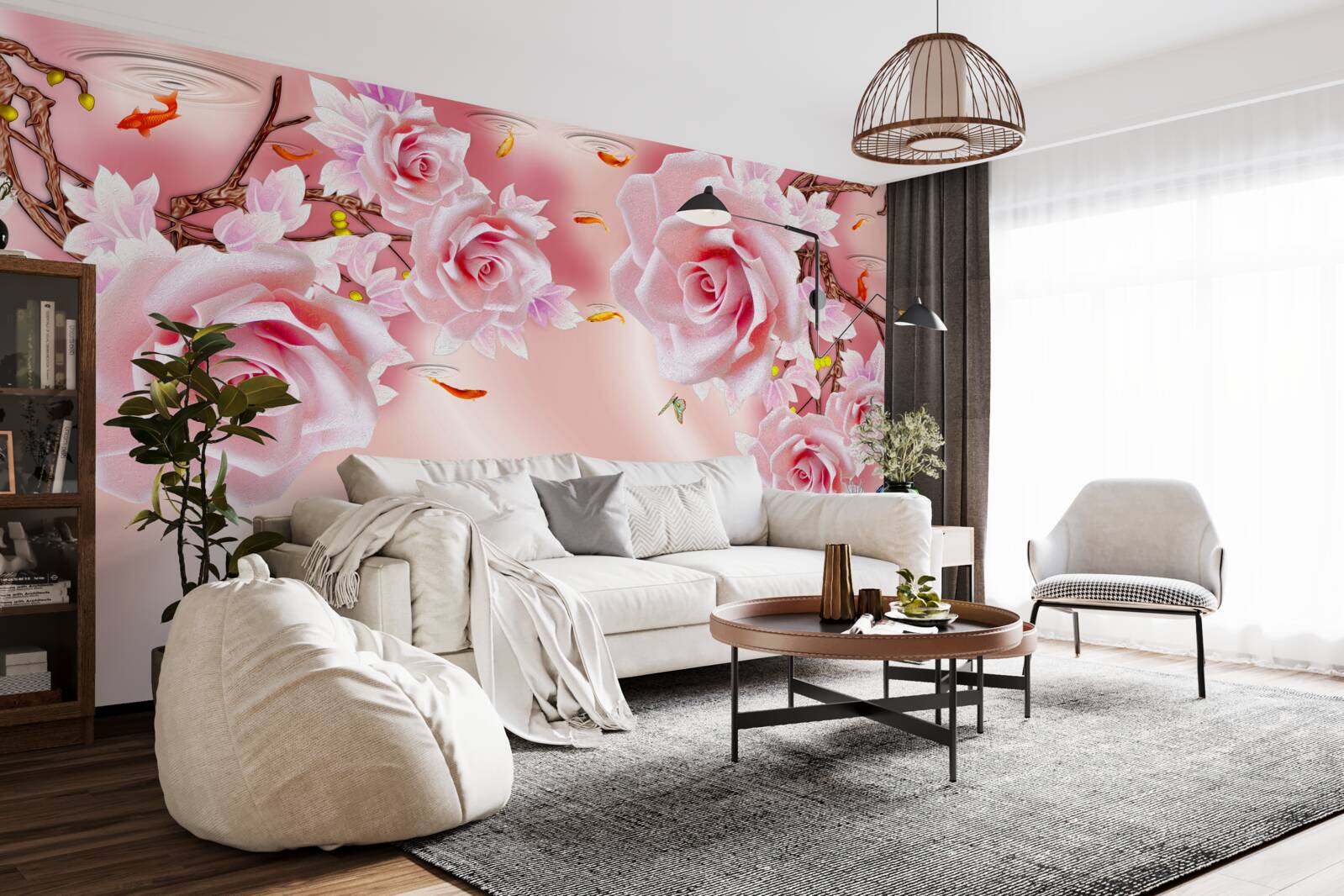 Фотошпалери на гілках розпускаються бутони ніжних троянд