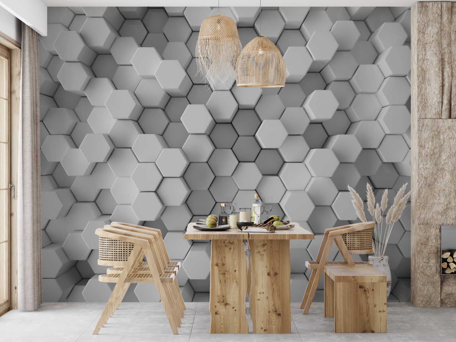 Фотошпалери сірі та білі шестикутники, спресовані у формі