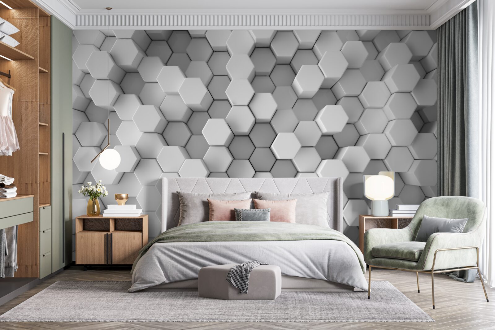 Фотошпалери сірі та білі шестикутники, спресовані у формі