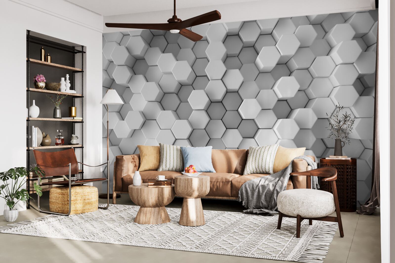 Фотошпалери сірі та білі шестикутники, спресовані у формі