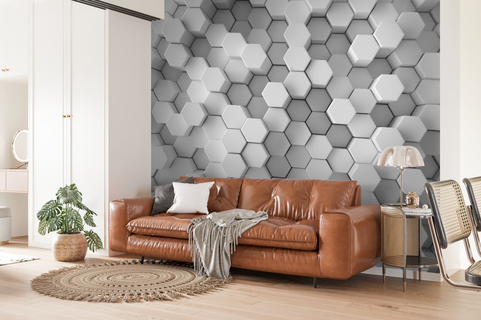 Фотошпалери сірі та білі шестикутники, спресовані у формі