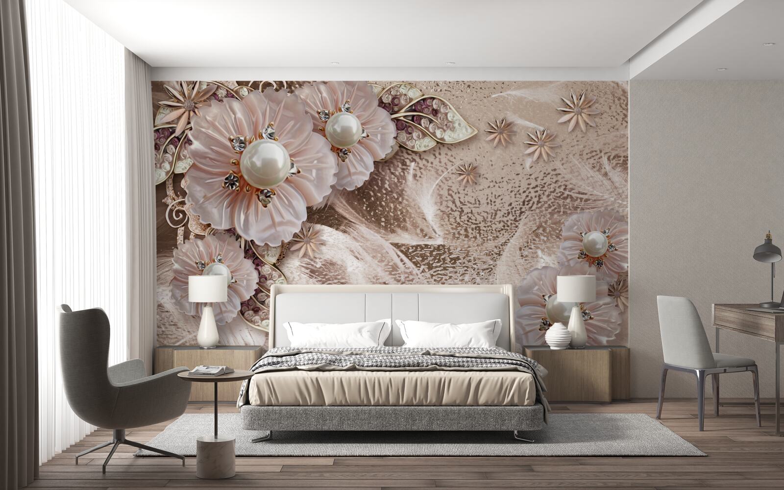 Фотошпалери перлини та витончені суцвіття з розкритими бутонами