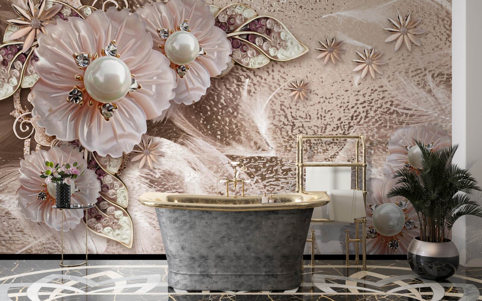 Фотошпалери перлини та витончені суцвіття з розкритими бутонами