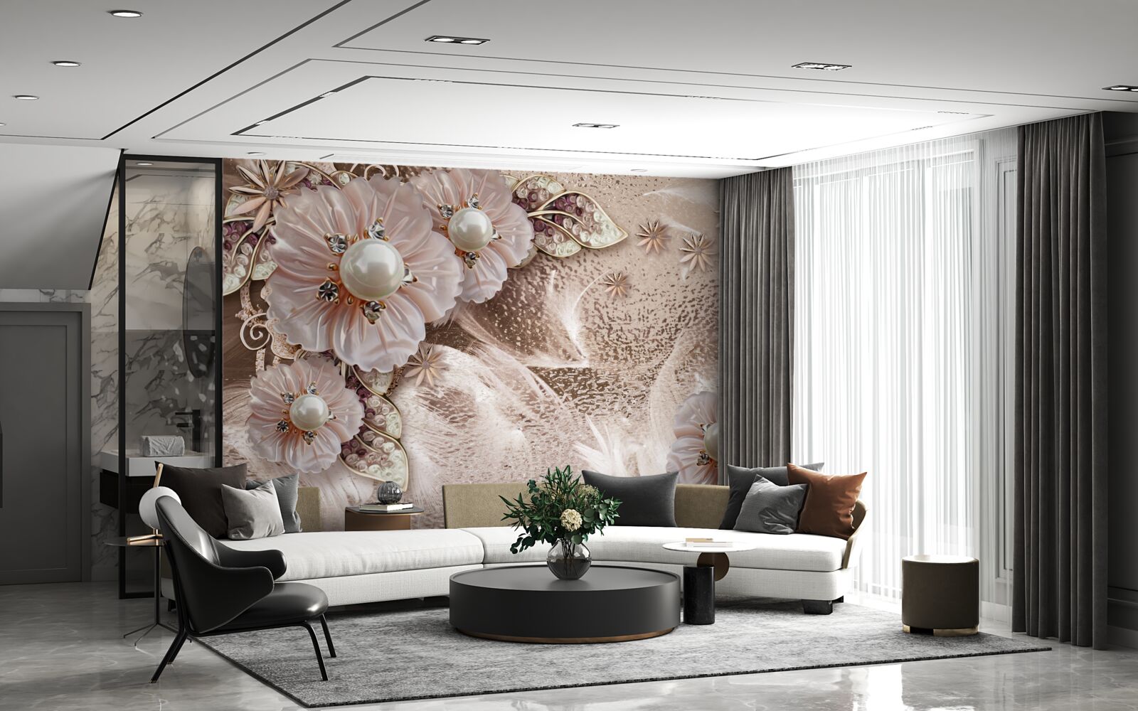 Фотошпалери перлини та витончені суцвіття з розкритими бутонами