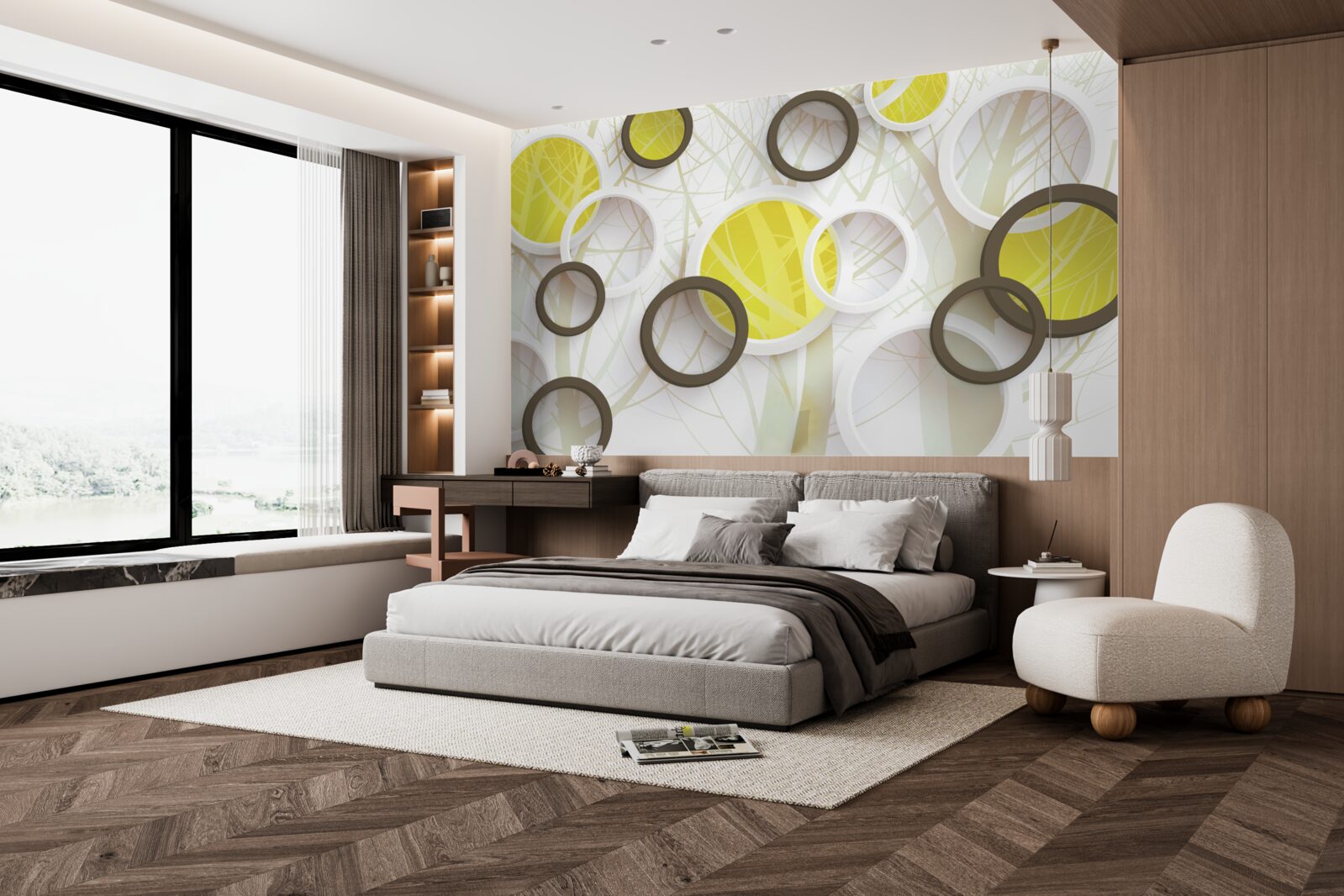 Фотошпалери колеса у стереоскопічному зображенні, з лісом на задньому плані