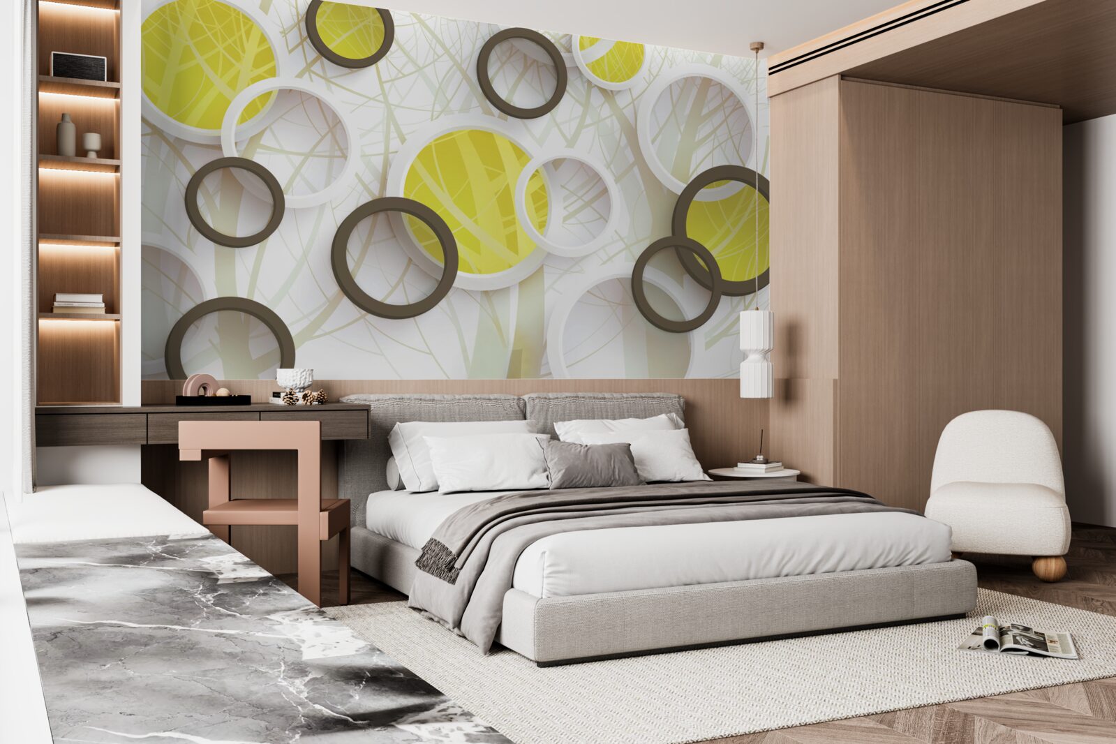 Фотошпалери колеса у стереоскопічному зображенні, з лісом на задньому плані