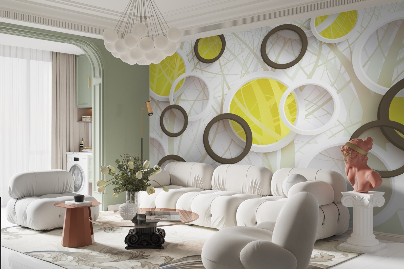 Фотошпалери колеса у стереоскопічному зображенні, з лісом на задньому плані