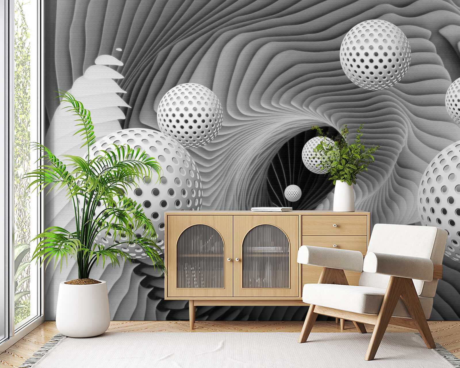 Фотошпалери перспектива куль і тунельного вихору в чорно-білому зображенні