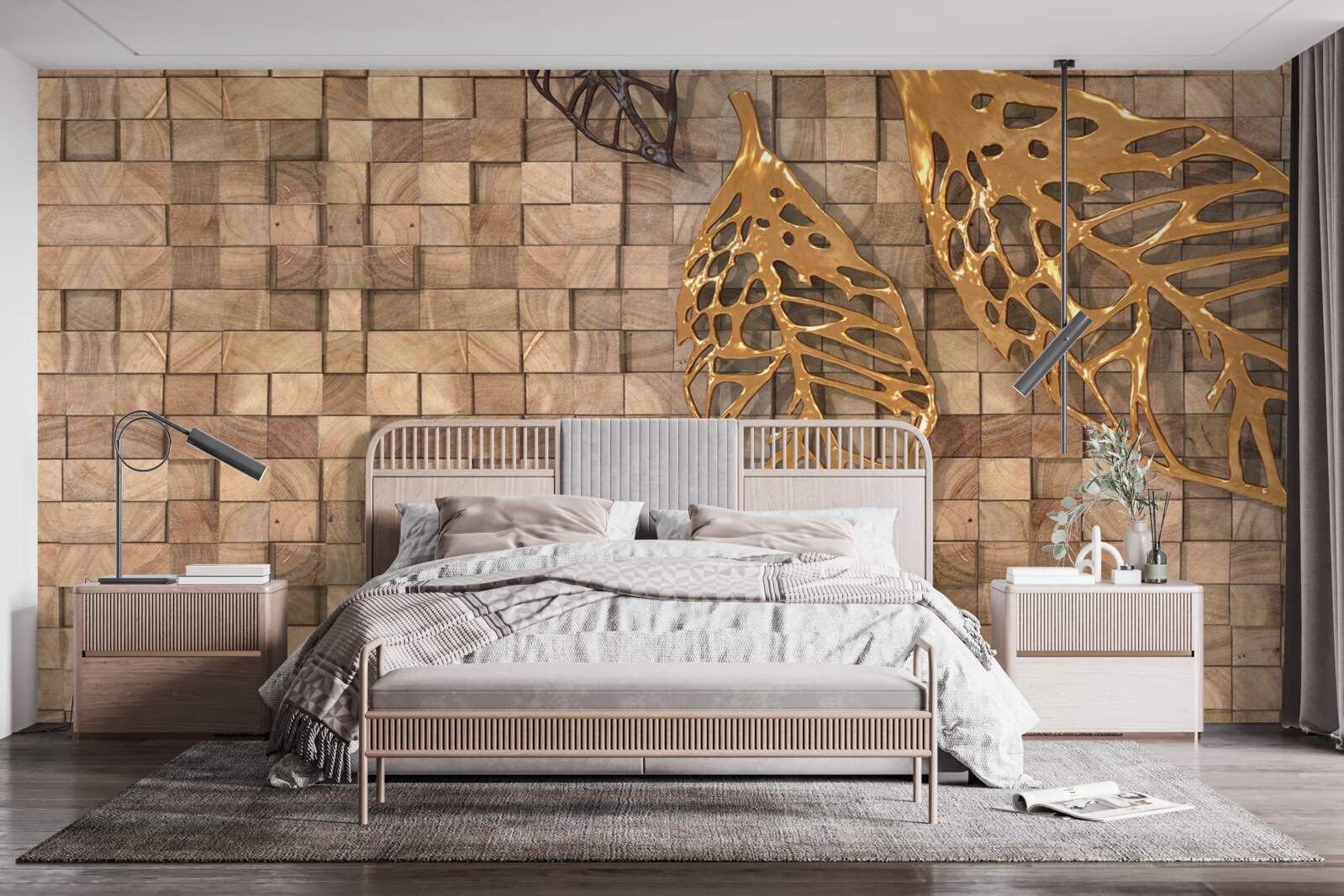 Фотошпалери мозаїка в коричневих тонах із зображенням листя