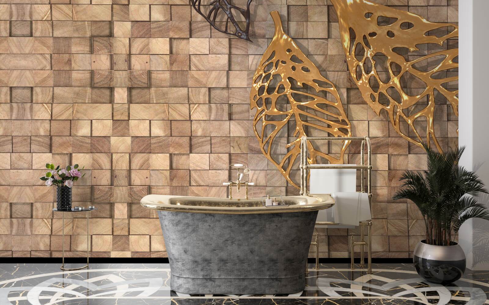 Фотошпалери мозаїка в коричневих тонах із зображенням листя