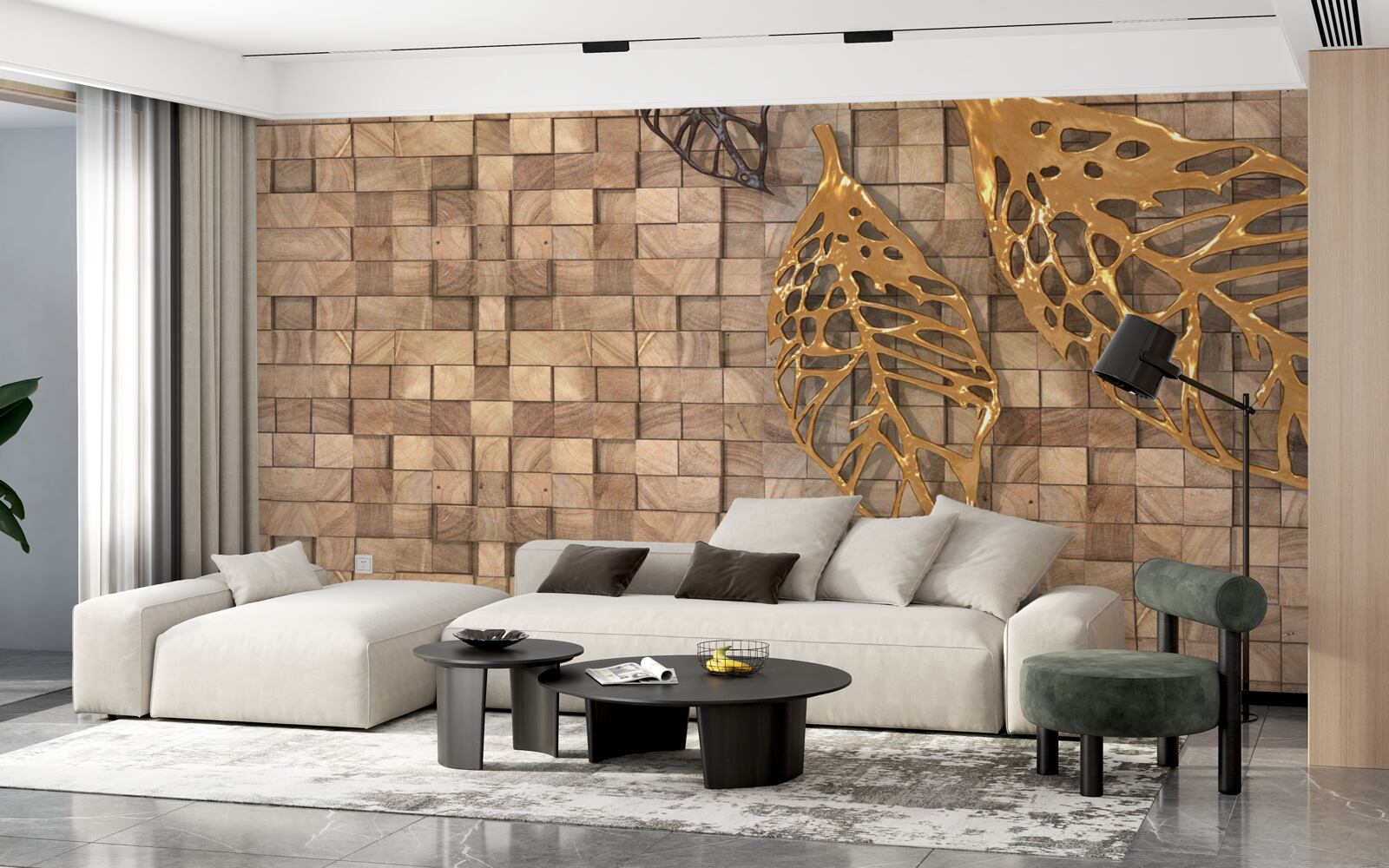 Фотошпалери мозаїка в коричневих тонах із зображенням листя