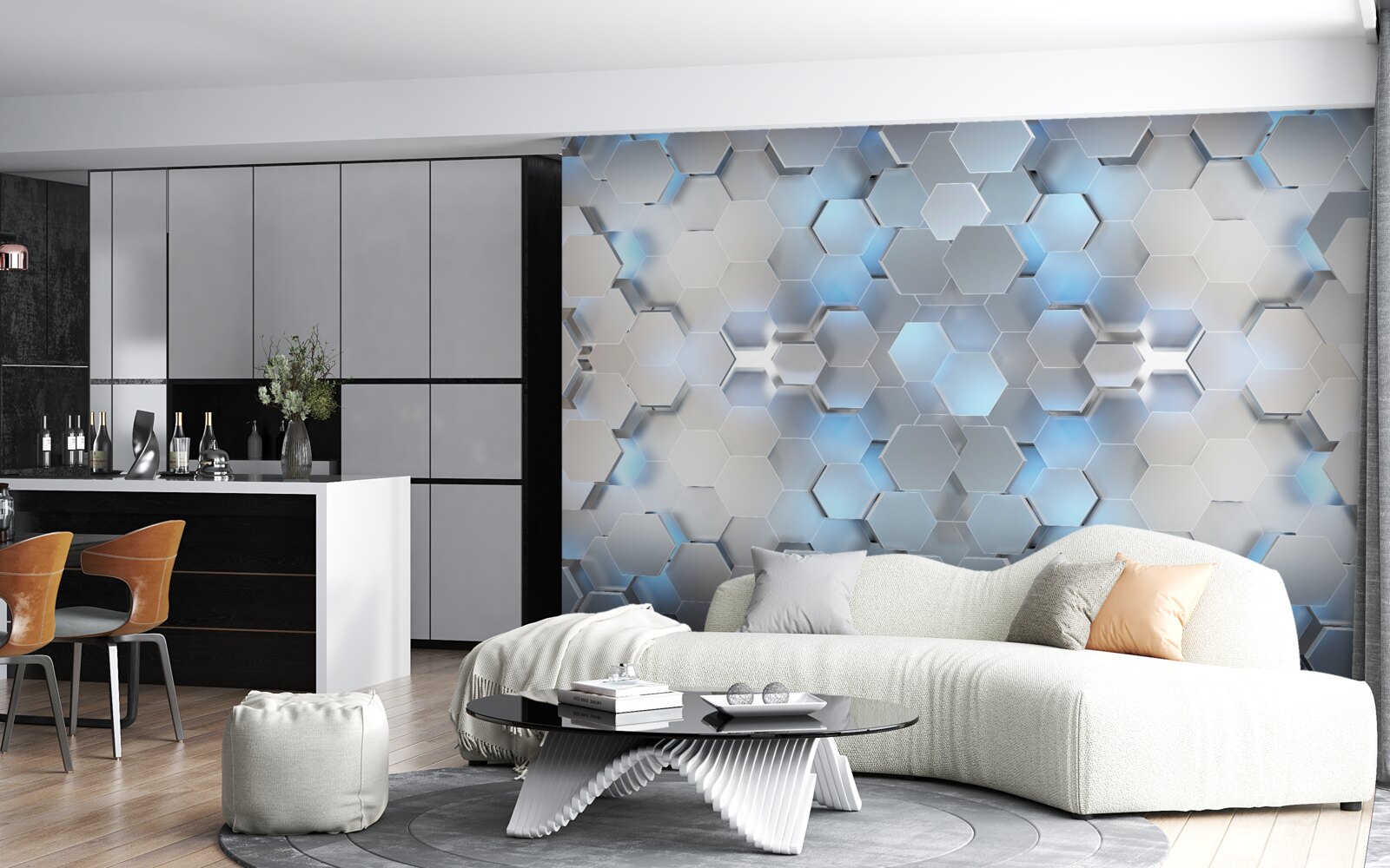 Фотошпалери плаваючі блакитні перлини на сірому тлі