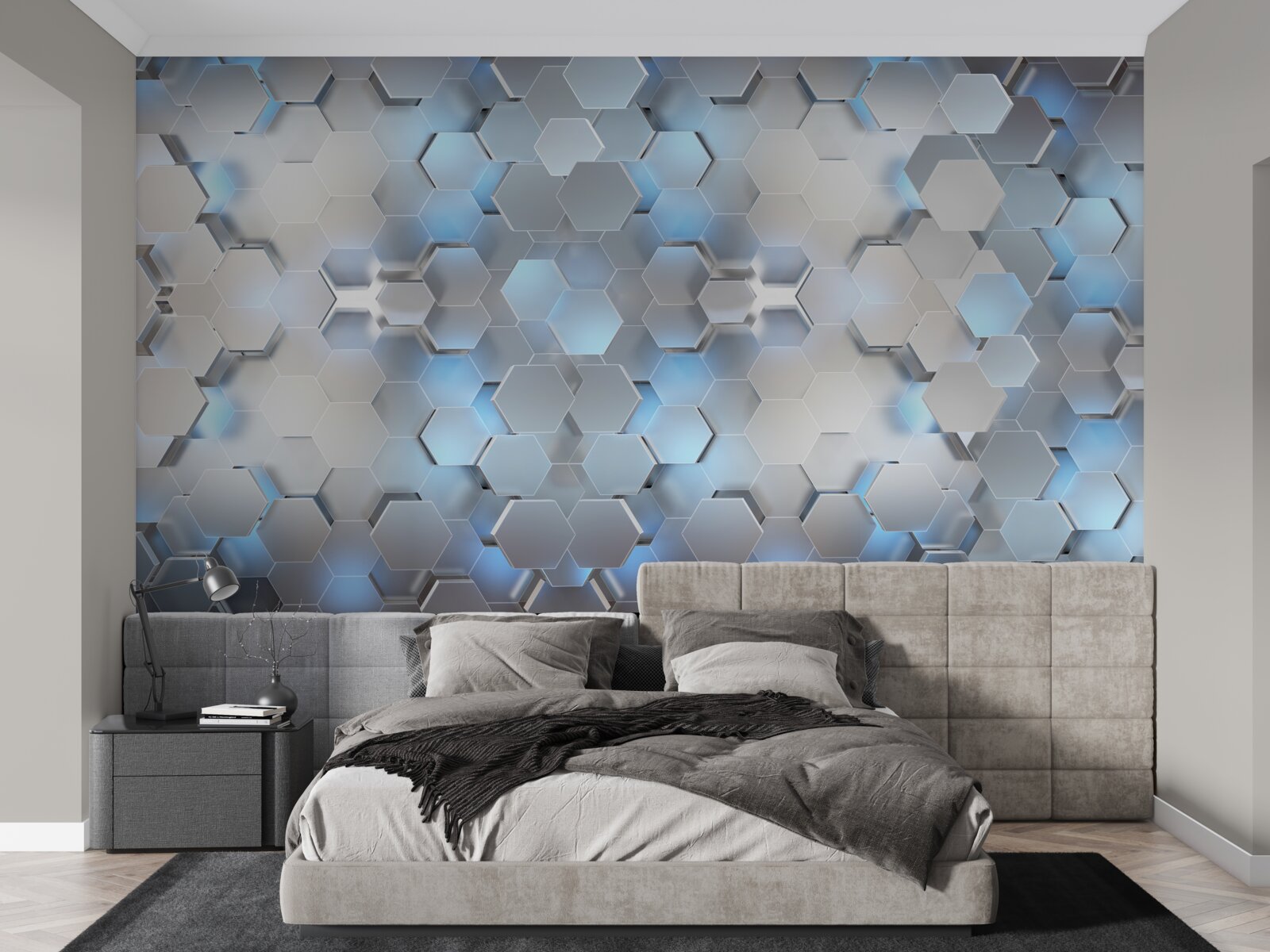 Фотошпалери плаваючі блакитні перлини на сірому тлі