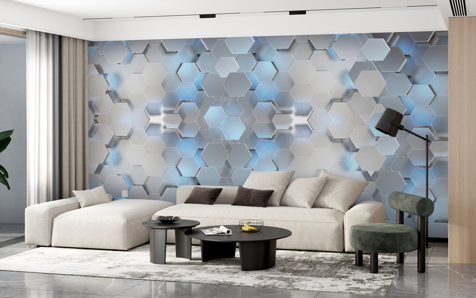 Фотошпалери плаваючі блакитні перлини на сірому тлі