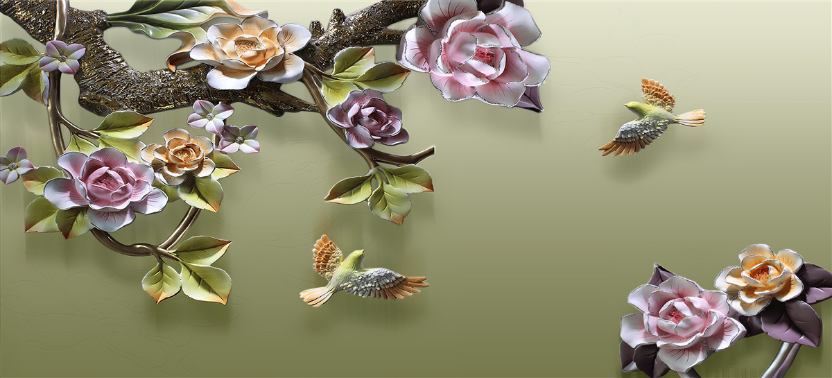 Фотошпалери ніжні троянди та ластівки на гілках