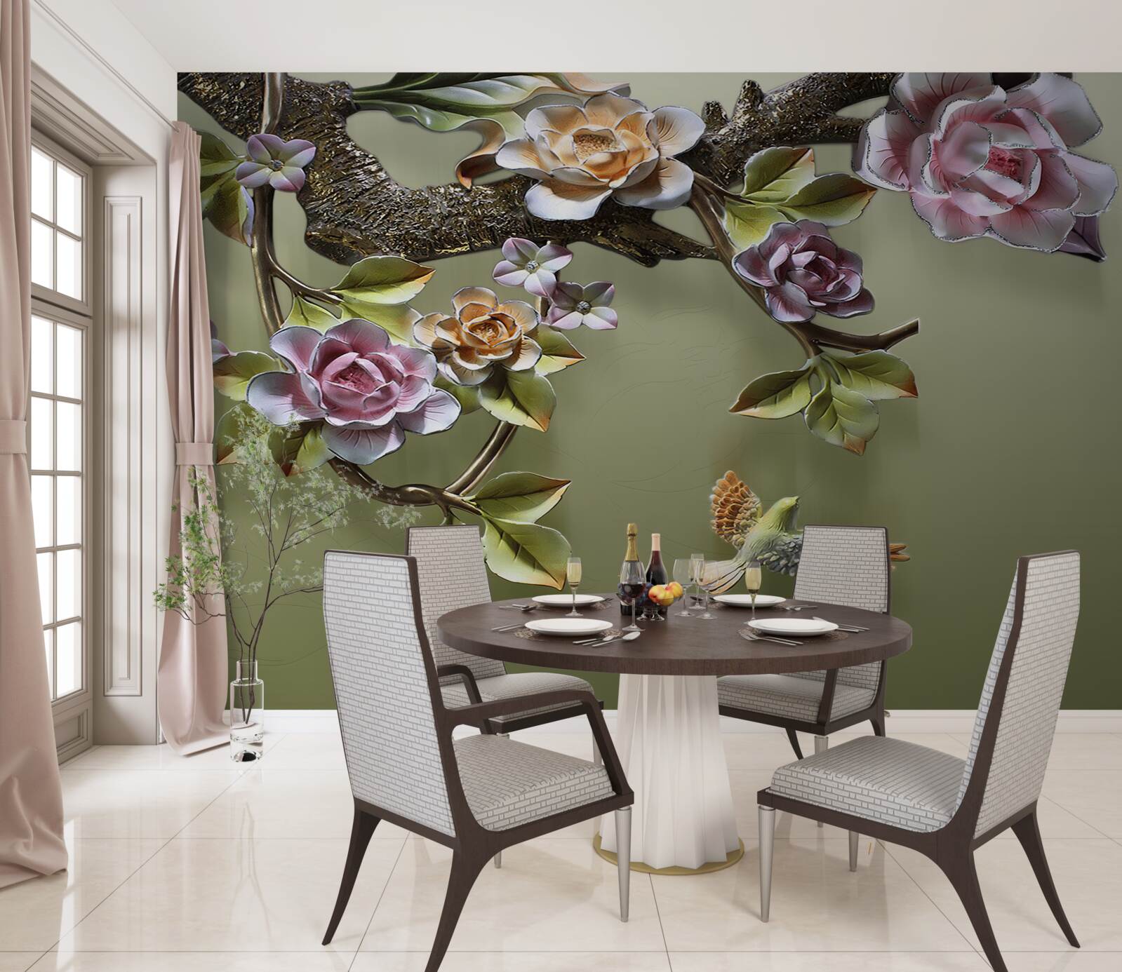 Фотошпалери ніжні троянди та ластівки на гілках