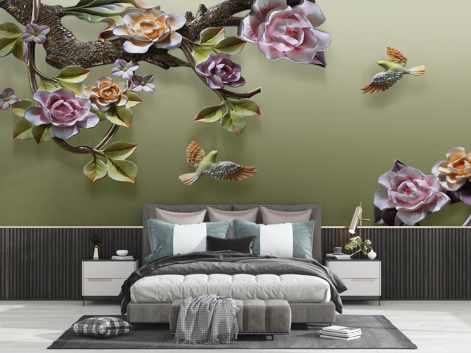 Фотошпалери ніжні троянди та ластівки на гілках