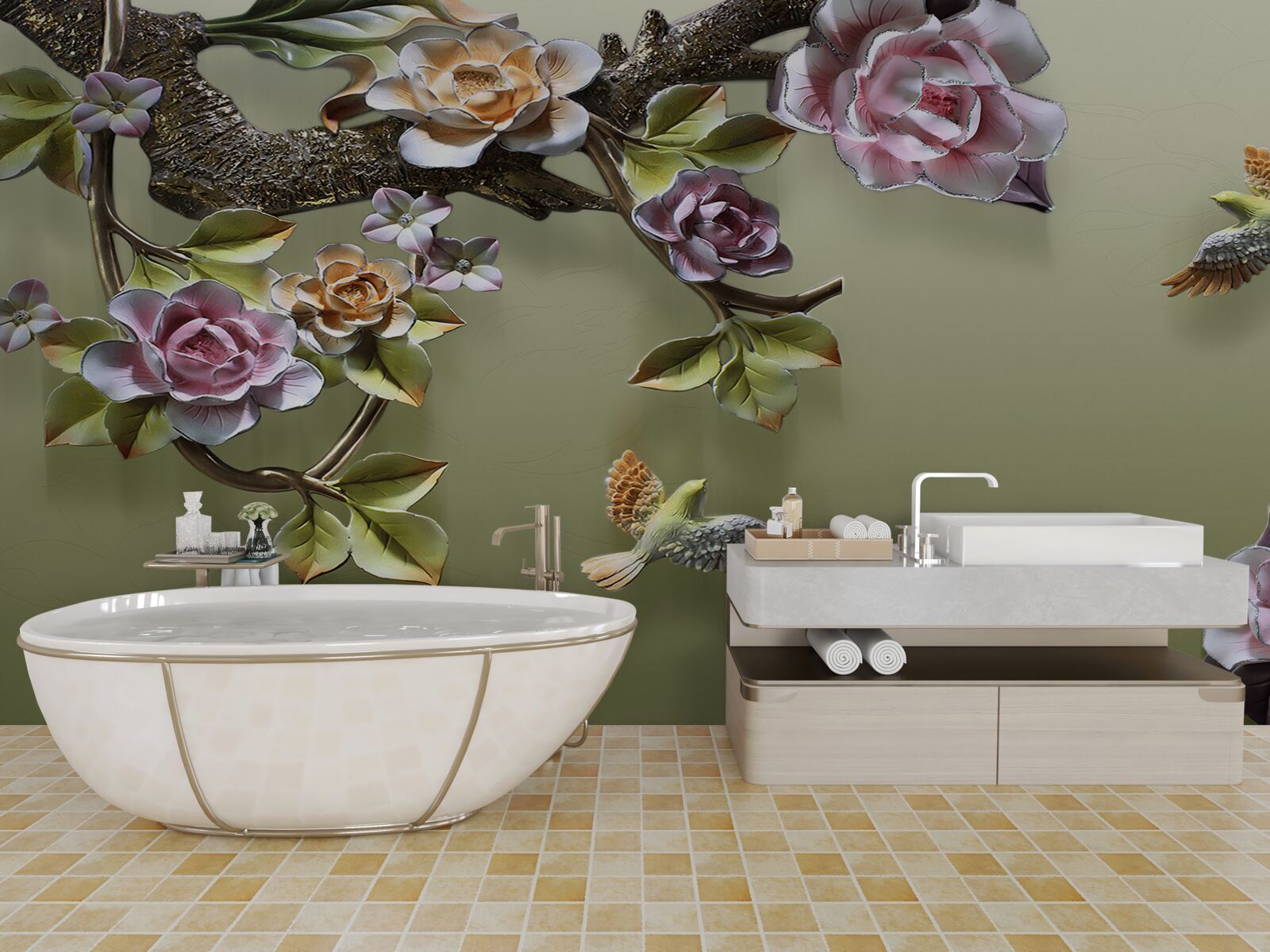 Фотошпалери ніжні троянди та ластівки на гілках