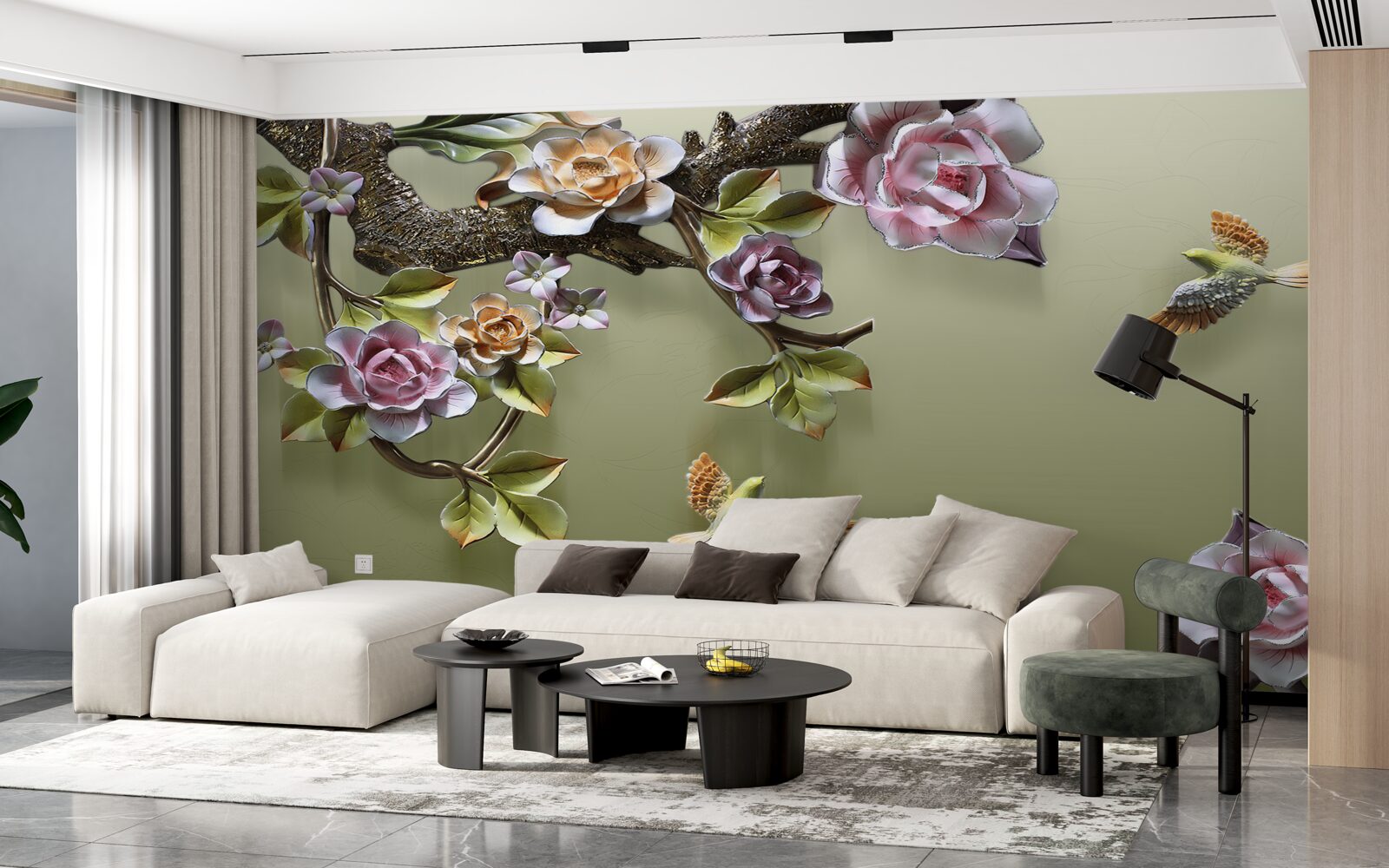 Фотошпалери ніжні троянди та ластівки на гілках