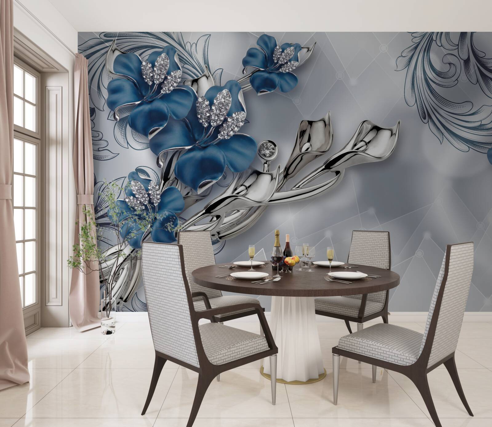 Фотошпалери королівська блакитна лілія на сріблястому тлі