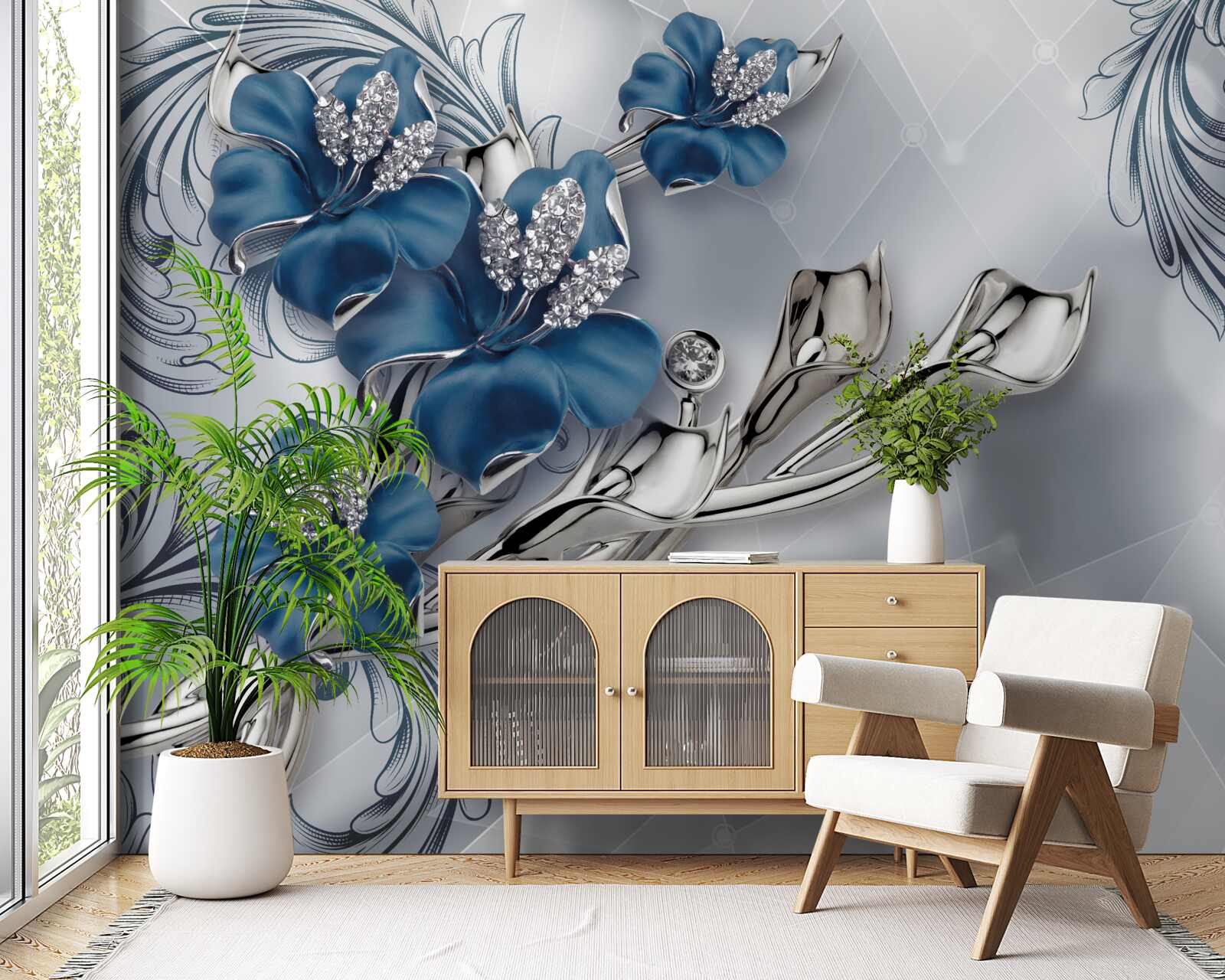 Фотошпалери королівська блакитна лілія на сріблястому тлі