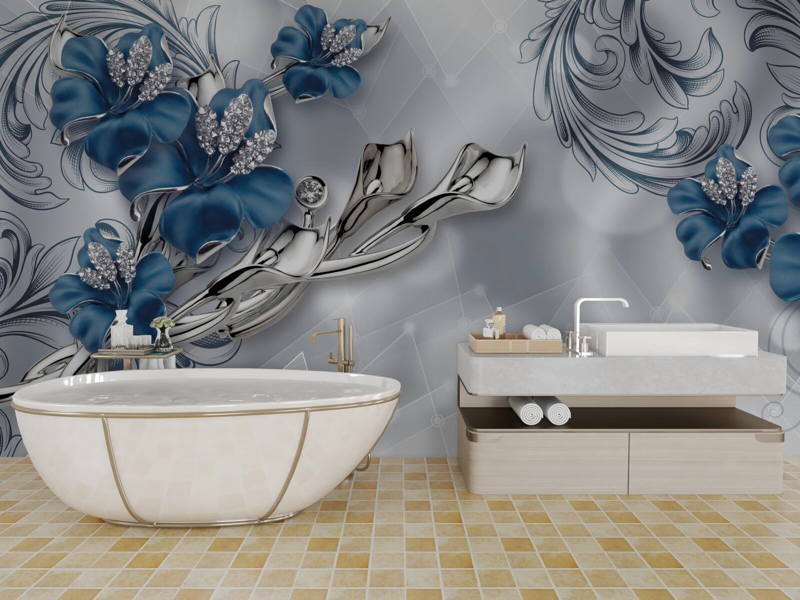 Фотошпалери королівська блакитна лілія на сріблястому тлі