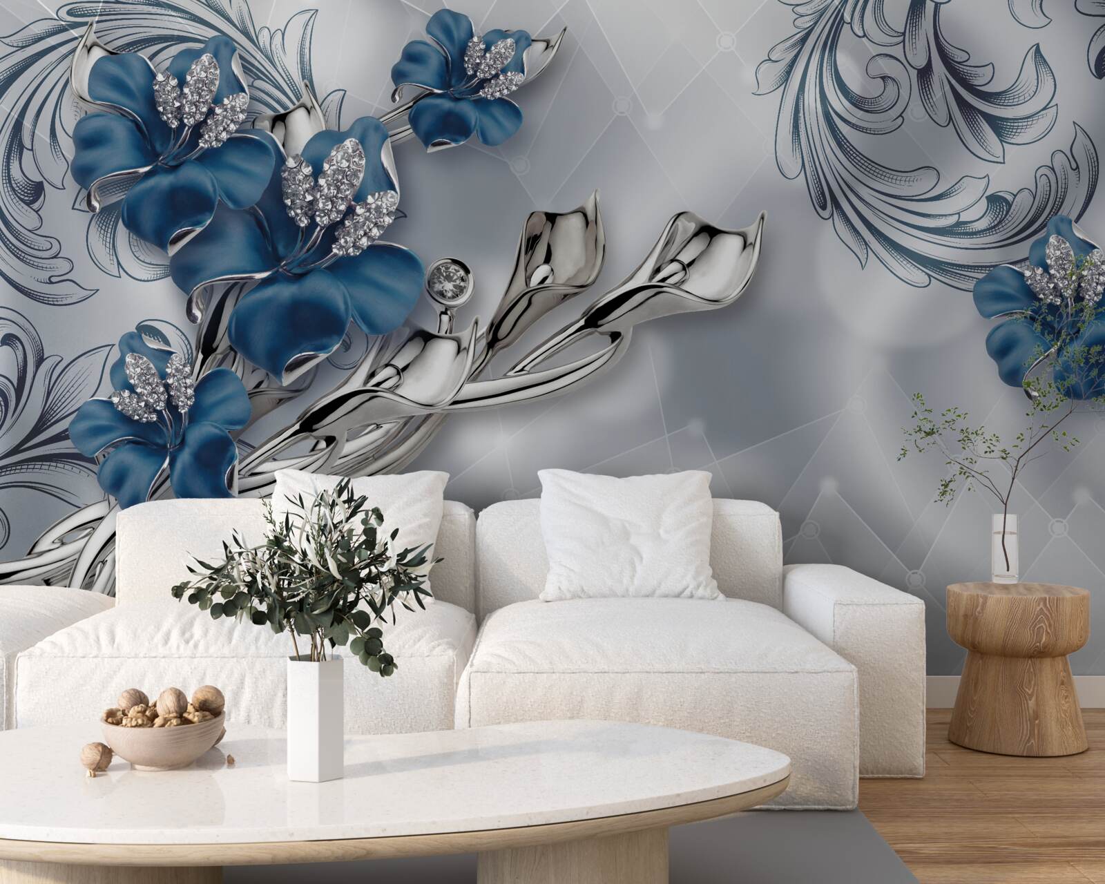 Фотошпалери королівська блакитна лілія на сріблястому тлі