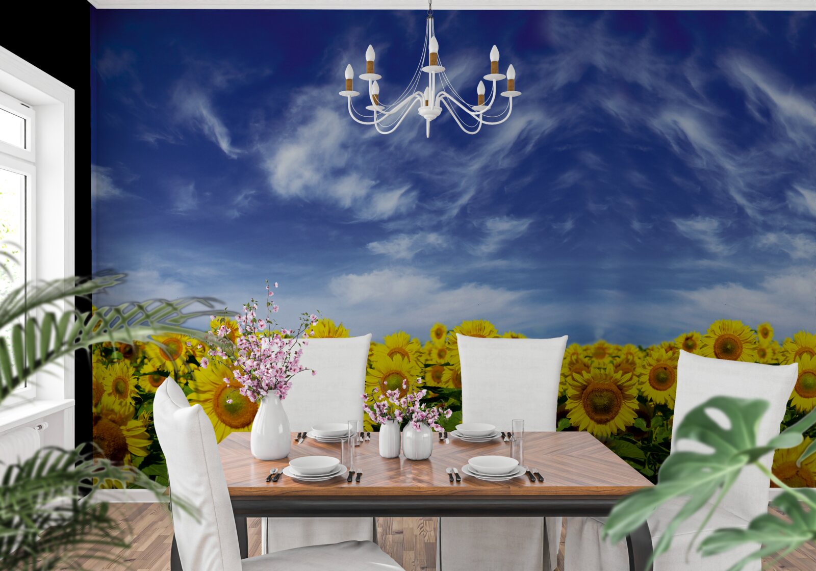 Фотошпалери блакитне небо над полем соняшників