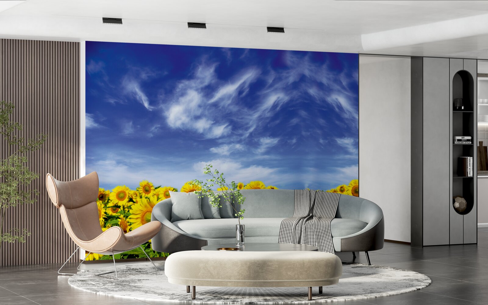 Фотошпалери блакитне небо над полем соняшників
